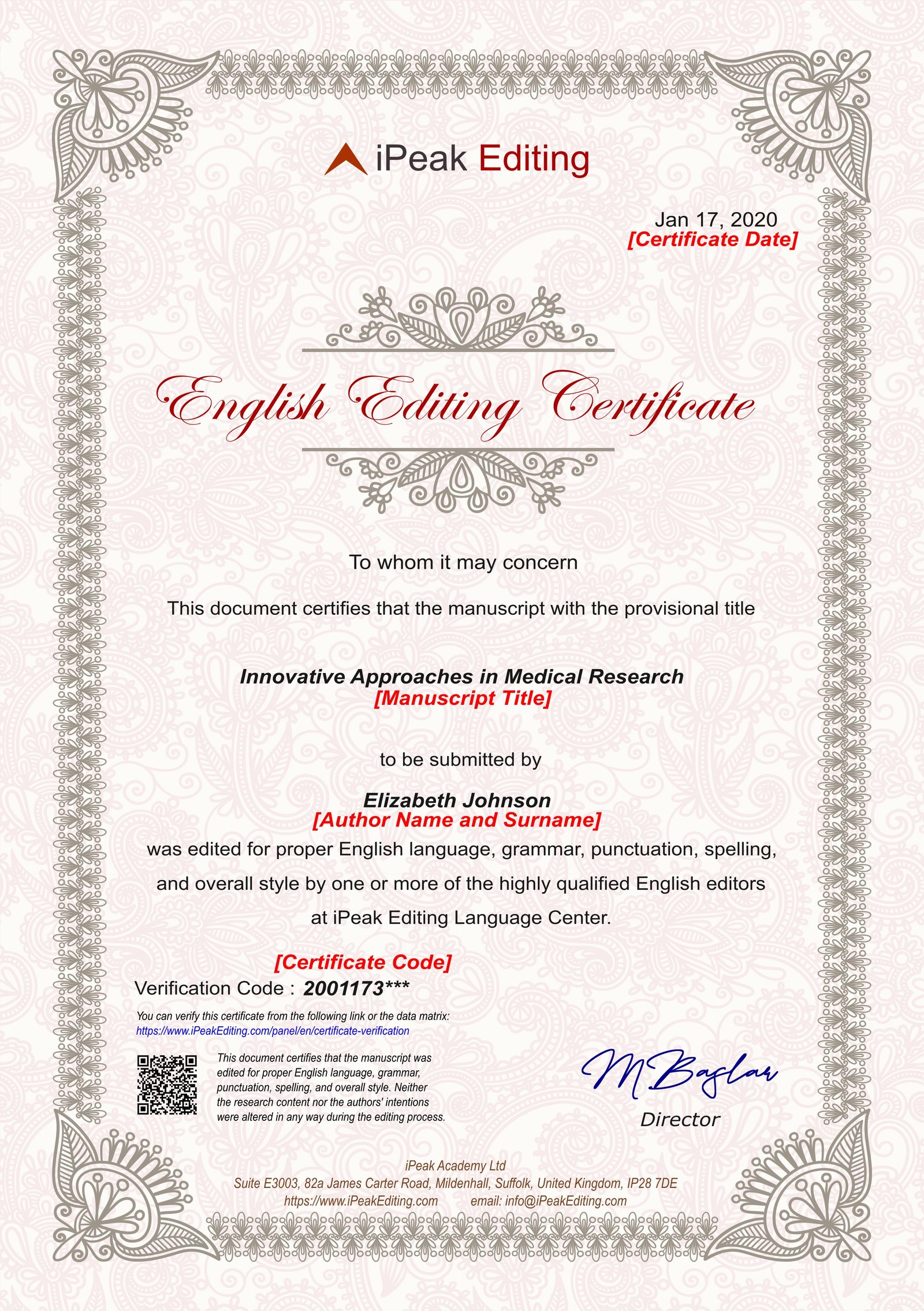 Sample English Editing Certificate