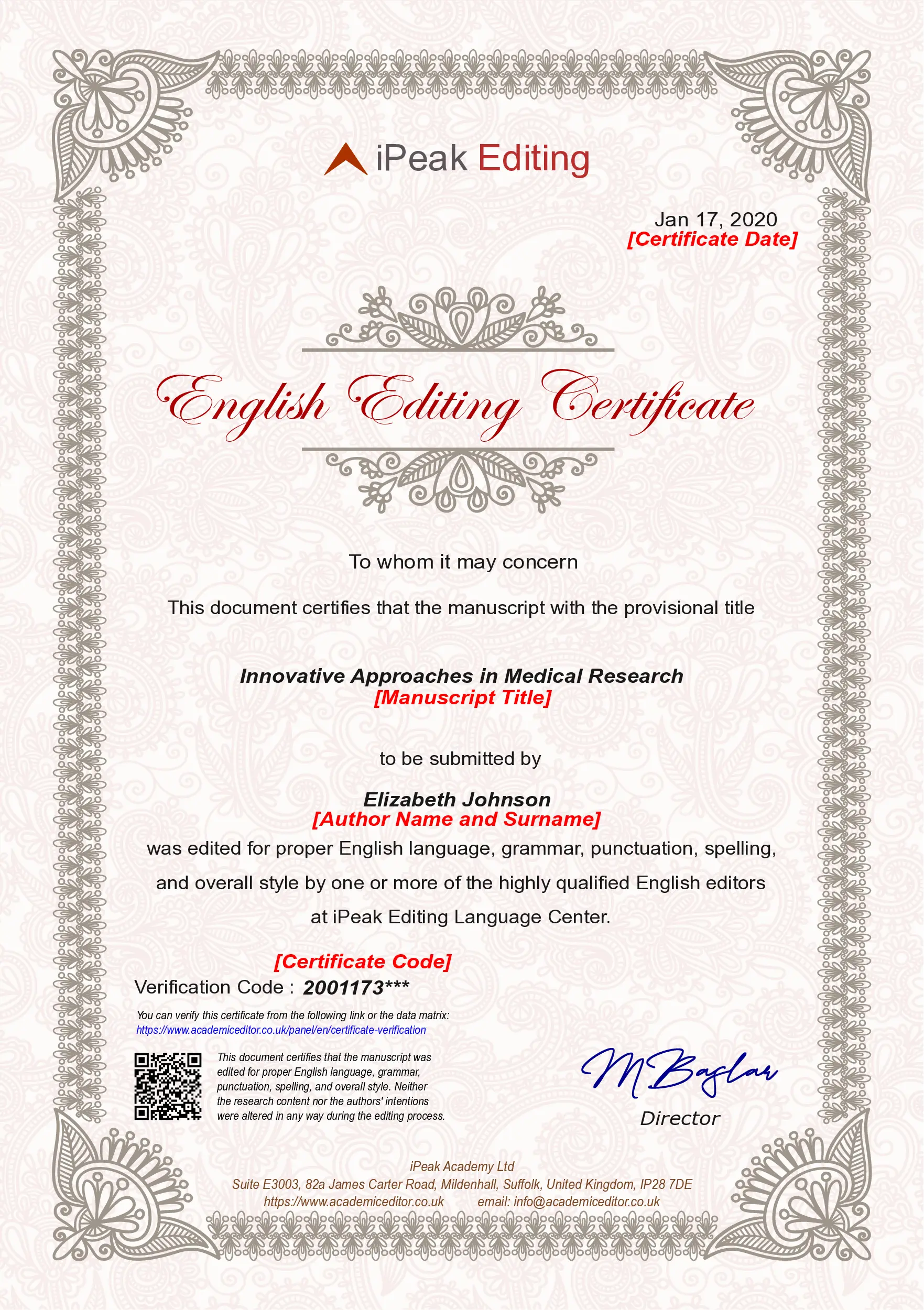 Sample English Editing Certificate