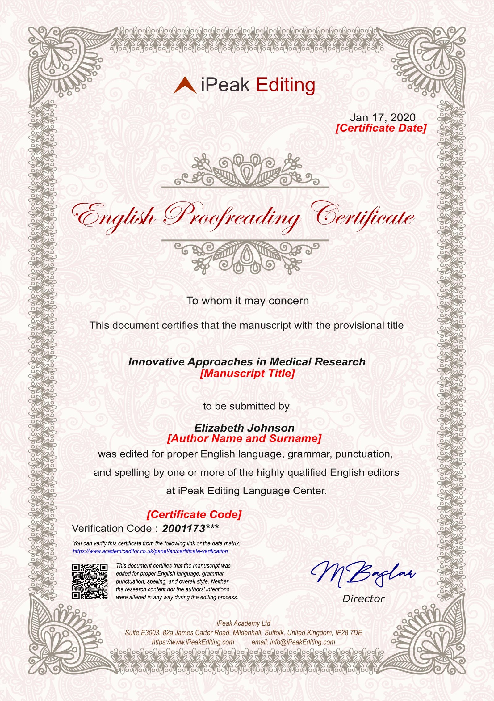 Sample English Proofreading Certificate