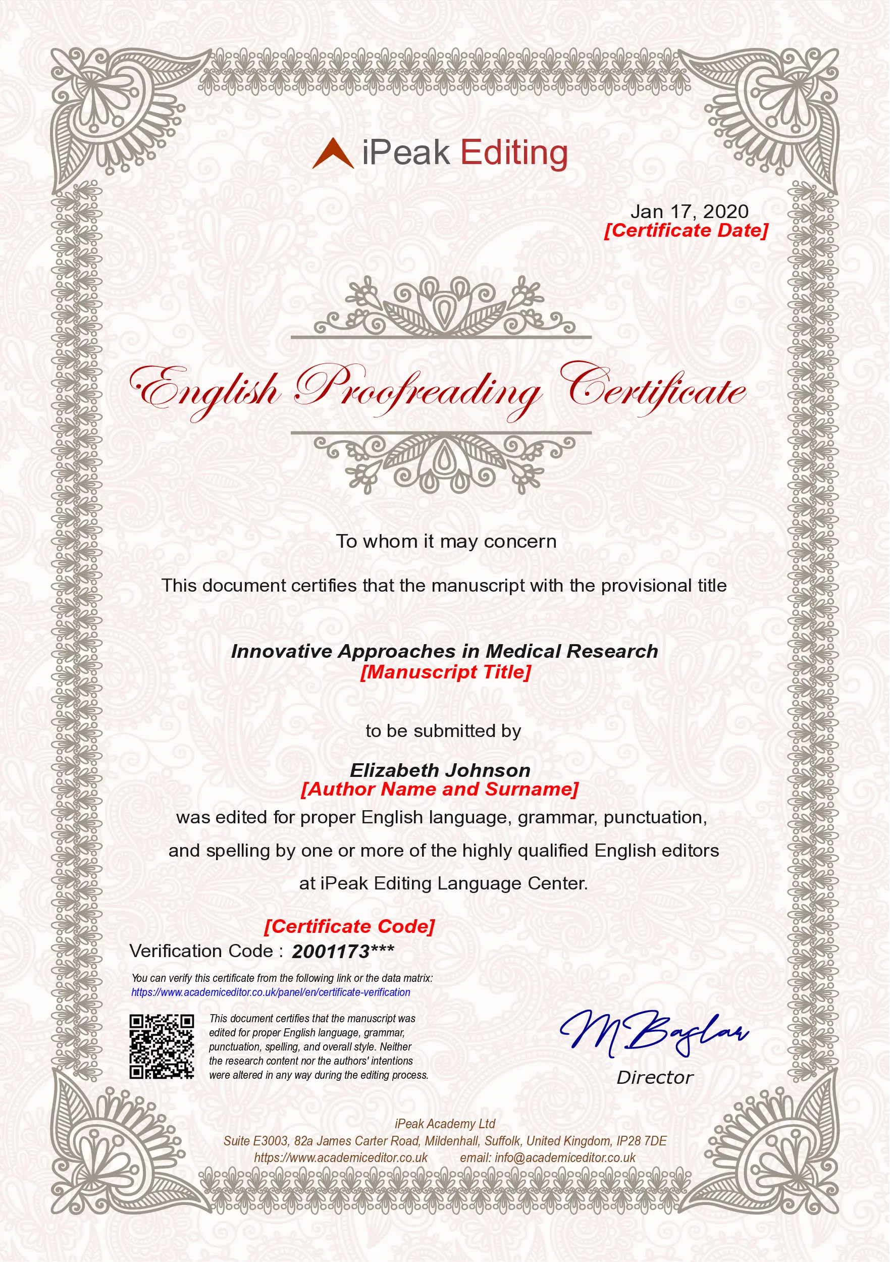 Sample English Proofreading Certificate